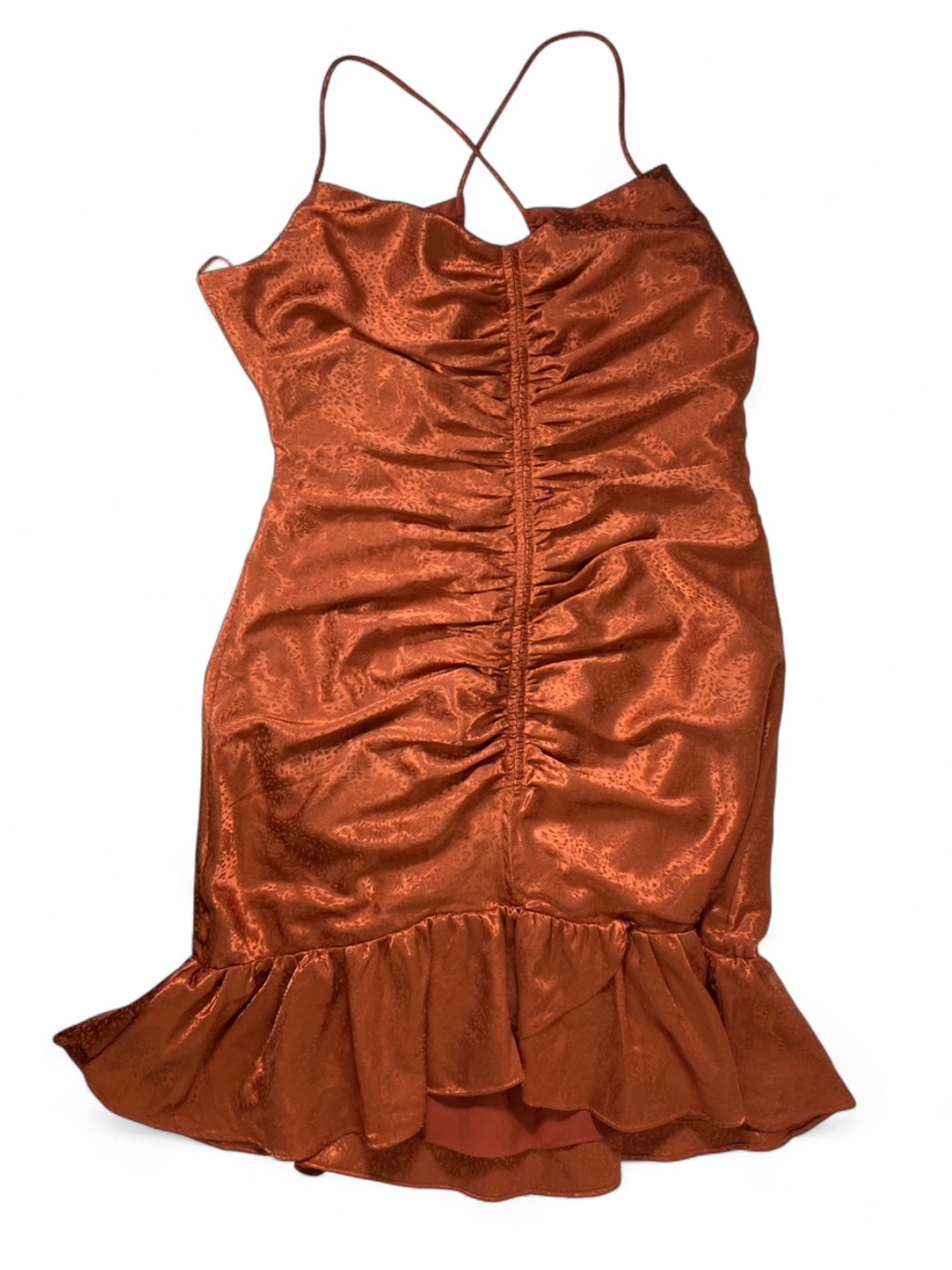 ASTR The Label Rust Ruched Bodycon Mini Dress Open Back Ruffle Hem L - Picture 5 of 11